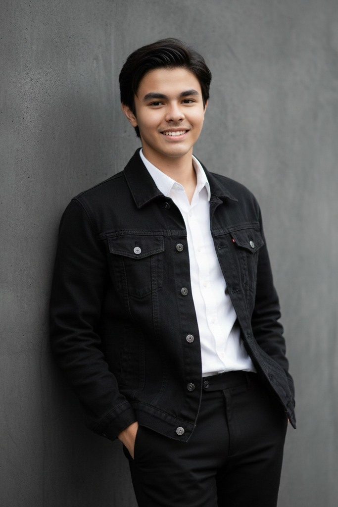 Man wearing a black jacket over a white shirt against a gray background